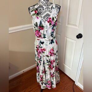 Soho- women’s, Floral Maxi Dress with Ruffle Detail & deep V- front. Size Lg.